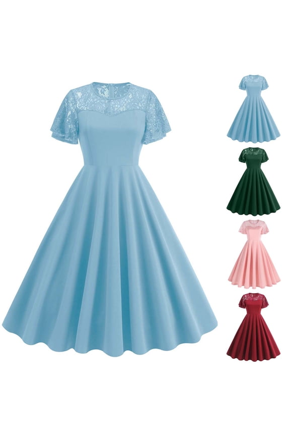 Womens Evening Cocktail Dresses 1950s Vintage Swing Dress Elegant Lace Patchwork Party Dresses Short Sleeve Crewneck Midi Dress Flowy A Line Beach Dresses