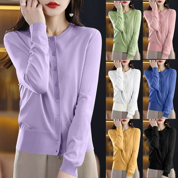 Aboser Womens Fall Lightweight Cardigan Sweaters Dressy Crew Neck Button Down Sweater Tops Casual Long Sleeve Knitwear Comfy Soft Classic Cardigans