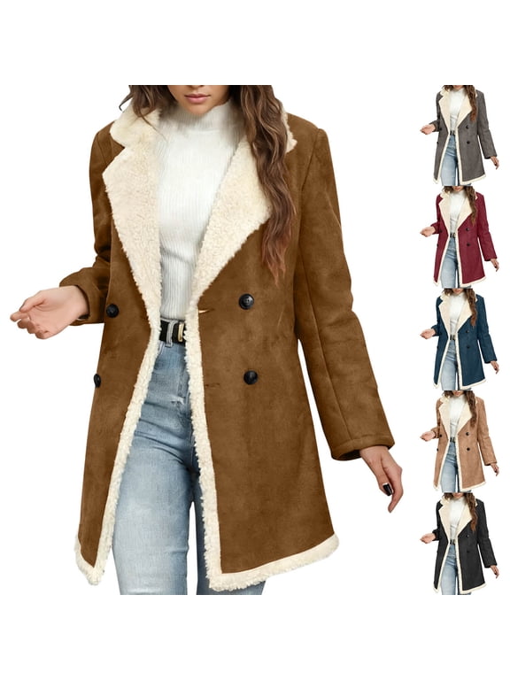 Womens Faux Suede Leather Jackets Retro Double Breasted Peacoats Winter Fleece Sherpa Lined Outerwear Elegant Notch Collar Shearling Jacket Coat with Pockets