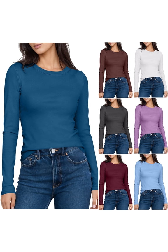 Womens Fitted Long Sleeve Shirts Crew Neck Tight Tops Solid Color Casual Basic Tees Soft Slim Fit Stretchy Shirt Y2k Top