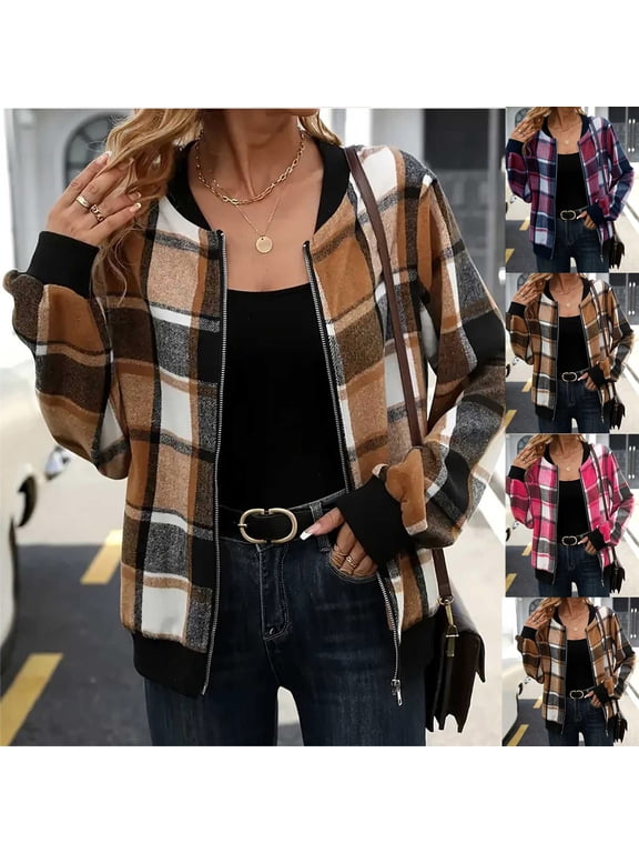 Womens Flannel Bomber Jacket Zip Up Stand Collar Windbreaker Trendy Plaid Cropped Jackets Lightweight Long Sleeve Shacket