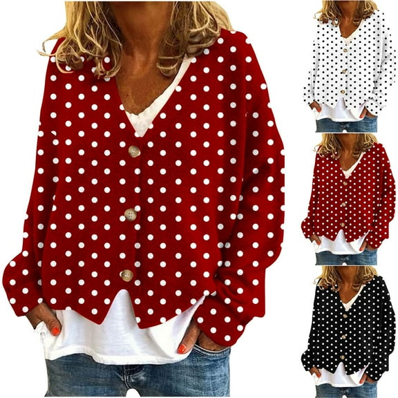 Aboser Womens Flannel Cardigan Sweaters Trendy Polka Dot Print Jackets Long Sleeve Button Down Outerwear Warm V Neck Fall Sweater Coat Open Front Casual Sweater Cardigans