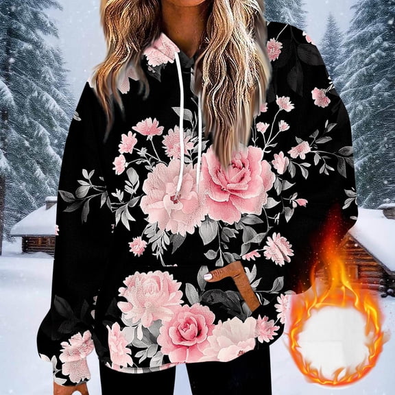 Aboser Womens Flannel Hoodies Retro Floral Graphic Sweatshirts Fuzzy Fleece Sherpa Pullover Thick Plush Hoodie Tops Loose Long Sleeve Hooded Sweatshirt with Pocket