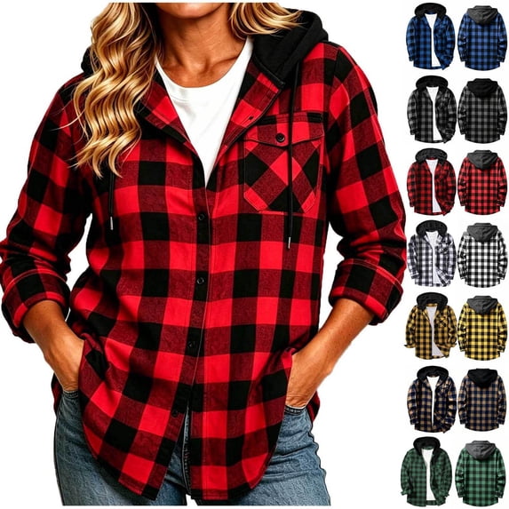 Aboser Womens Flannel Plaid Button Down Shacket Fall Shirts Vintage Long Sleeve Hoodies Lightweight Casual Cowgirl Western Jackets with Pockets