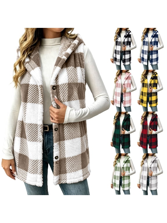 Womens Flannel Plaid Vest Fuzzy Fleece Sherpa Hooded Jacket Warm Button Down Outerwear Casual Sleeveless Tunic Jackets with Pockets