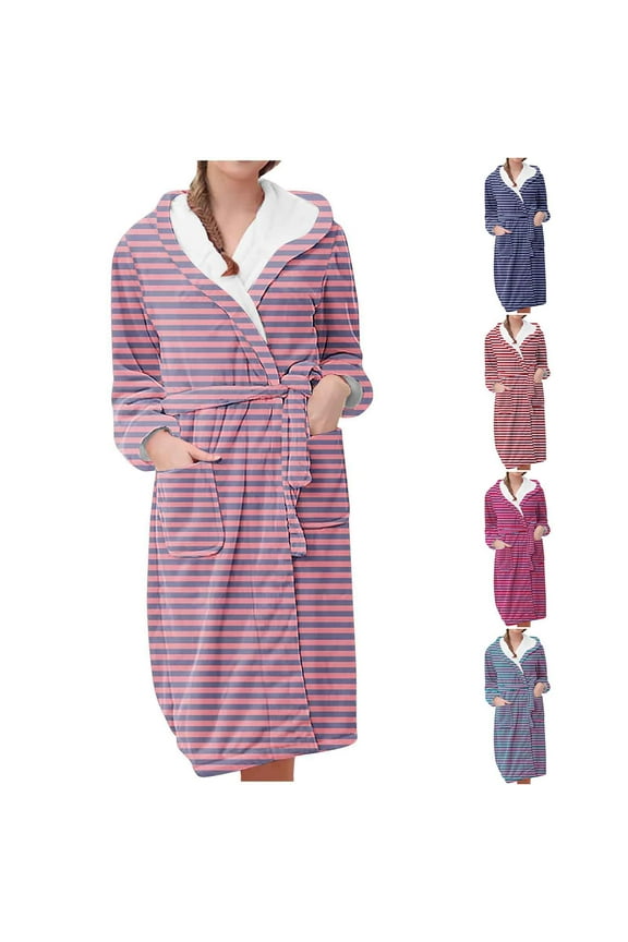 Womens Flannel Robes with Hood Trendy Striped Print Sleepwear Warm Soft Fuzzy Fleece Bathrobes Comfy Long Sleeve Loungewear Loose Knee Length Towel Robe with Pockets Purple XXL