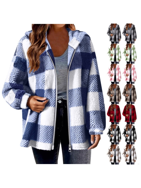 Womens Flannel Shacket Zip Up Fleece Jacket Fuzzy Sherpa Hoodies Plus Size Long Sleeve Outerwear Trendy Plaid Shackets Warm Fluffy Hooded Coats