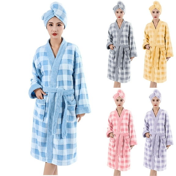 Aboser Womens Fleece Bathrobes with Shower Cap Quick Dry Absorb Water Bath Robes Thick Plaid Long Bathrobe Soft Long Sleeve Wrap Towel Robe with Pockets Purple Free Size