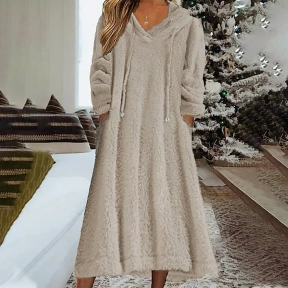 Aboser Womens Fleece Hooded Nightgowns with Pockets Fuzzy Plush Long Night Dress Winter Long Sleeve Sleepwear Drawstring V Neck Sleepshirts Warm Cozy Hoodie Pajama Dresses