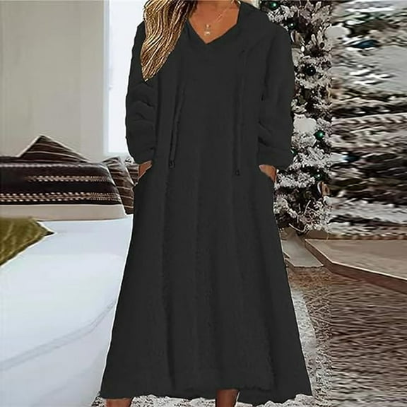 Aboser Womens Fleece Hooded Nightgowns with Pockets Fuzzy Plush Long Night Dress Winter Long Sleeve Sleepwear Drawstring V Neck Sleepshirts Warm Cozy Hoodie Pajama Dresses