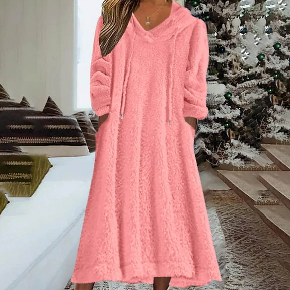Aboser Womens Fleece Hooded Nightgowns with Pockets Fuzzy Plush Long Night Dress Winter Long Sleeve Sleepwear Drawstring V Neck Sleepshirts Warm Cozy Hoodie Pajama Dresses