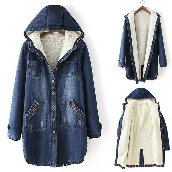 Aboser Womens Fleece Lined Denim Jackets Vintage Cowgirls Jean Coats Warm Sherpa Long Jacket Casual Long Sleeve Coat Button Down Outerwear with Pockets