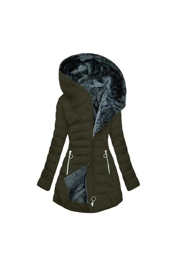 Womens Fleece Puffer Jacket Coat Winter Puffy Hooded Coats Full Zip Up Outwear Coat Thermal Slim Fitted Jackets Solid Long Coat