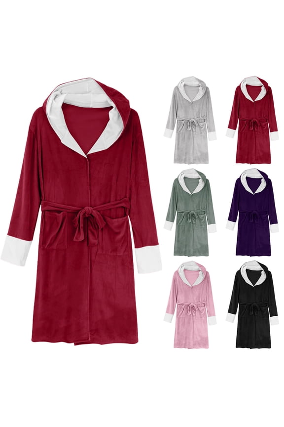 Womens Fleece Robes Plus Size Red Towel Robe Loose Long Sleeve Hooded Bathrobes Moisture Wicking Long Loungewear with Pockets Purple M