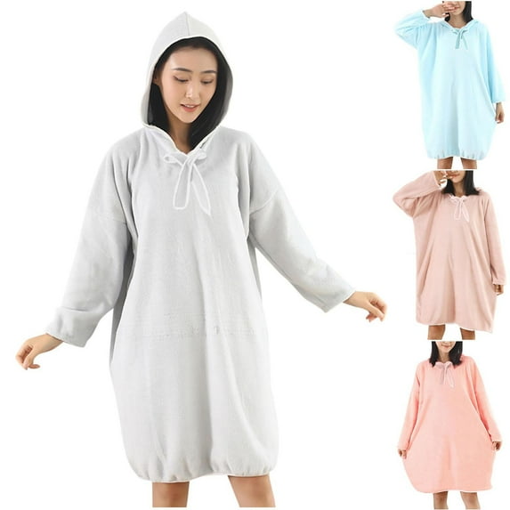 Aboser Womens Fleece Robes Quick Dry Moisture Wicking Bathrobes with Hood Comfy Long Sleeve Towel Robe Loose Fit Short Sleepwear Gray Free Size
