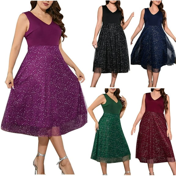 Aboser Womens Formal Dresses for Evening Party Plus Size Sleeveless Prom Dress Sparkly Sequin Dance Dresses Trendy V Neck Midi Dress Ladies Summer Dresses Purple XXXL