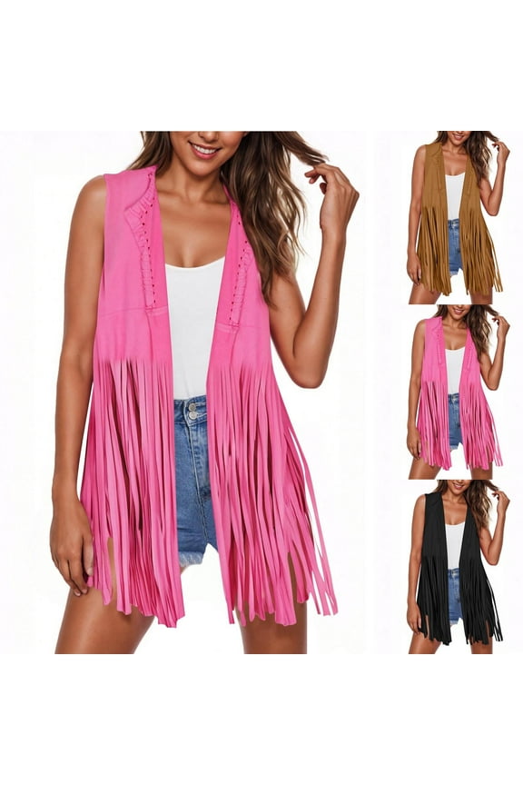 Womens Fringe Vest 60s 70s Hippie Sleeveless Jacket Cowgirl Western Outfits Faux Suede Tassel Vests Open Front Outerwear