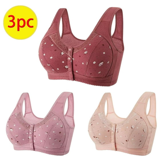 Aboser Womens Front Closure Bras for Seniors 3pcs Daisy Bras Plus Size Comfortable Bra Seamless Push Up Bralettes with Support