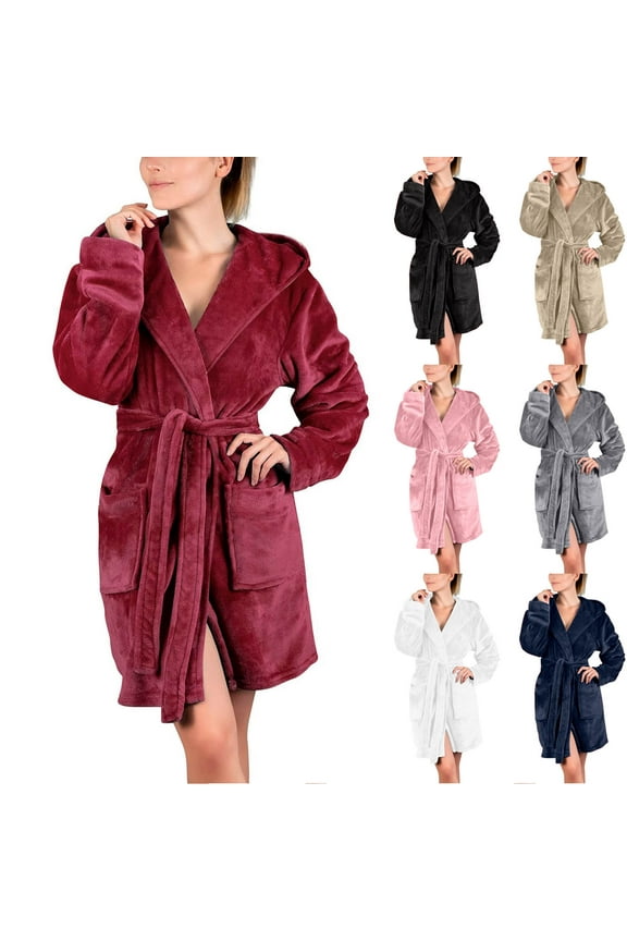 Womens Fuzzy Flannel Robes with Hood Warm Fleece Short Bathrobes Comfy Hooded Sleepwear Loose Long Sleeve Towel Robe Soft Casual Belted Bathrobe Black XXL