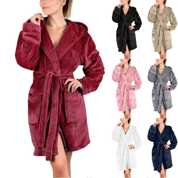 Aboser Womens Fuzzy Flannel Robes with Hood Warm Fleece Short Bathrobes Comfy Hooded Sleepwear Loose Long Sleeve Towel Robe Soft Casual Belted Bathrobe Black L