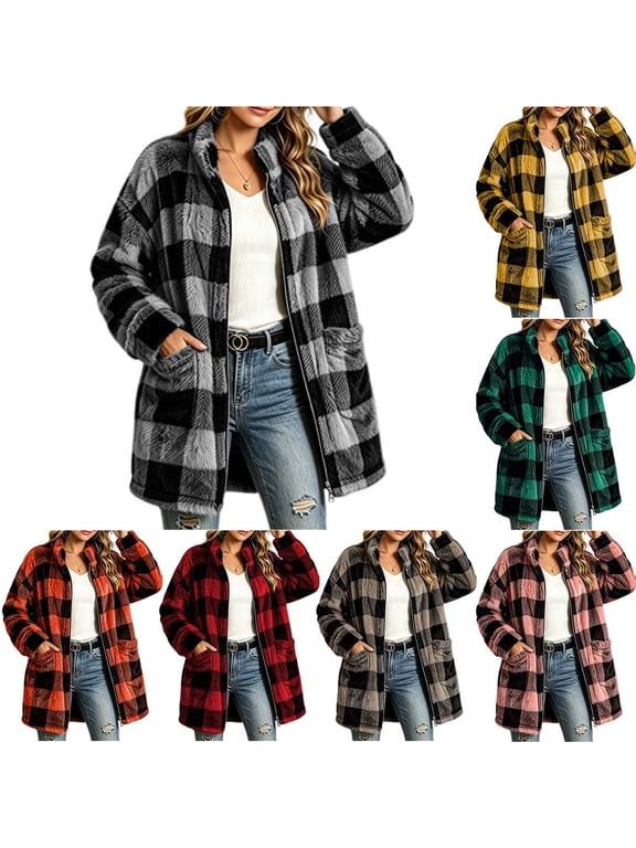 Womens Fuzzy Fleece Long Jackets Vintage Flannel Plaid Shackets Thermal Fluffy Sherpa Plush Coats Full Zip Long Sleeve Outerwear with Pockets
