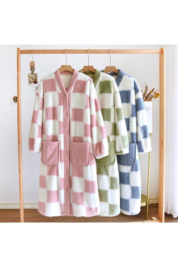 Womens Fuzzy Fleece Robes with Pockets Fashion Checked Long Bathrobes Comfy Button Down Sleepwear Soft Long Sleeve House Wear Green M