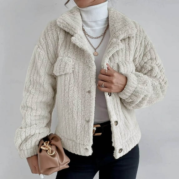 Aboser Womens Fuzzy Sherpa Jacket Coat Button Down Fleece Jackets Warm Long Sleeve Outerwear Trendy Lapel Cropped Coat Winter Thicken Jackets Beige XXL