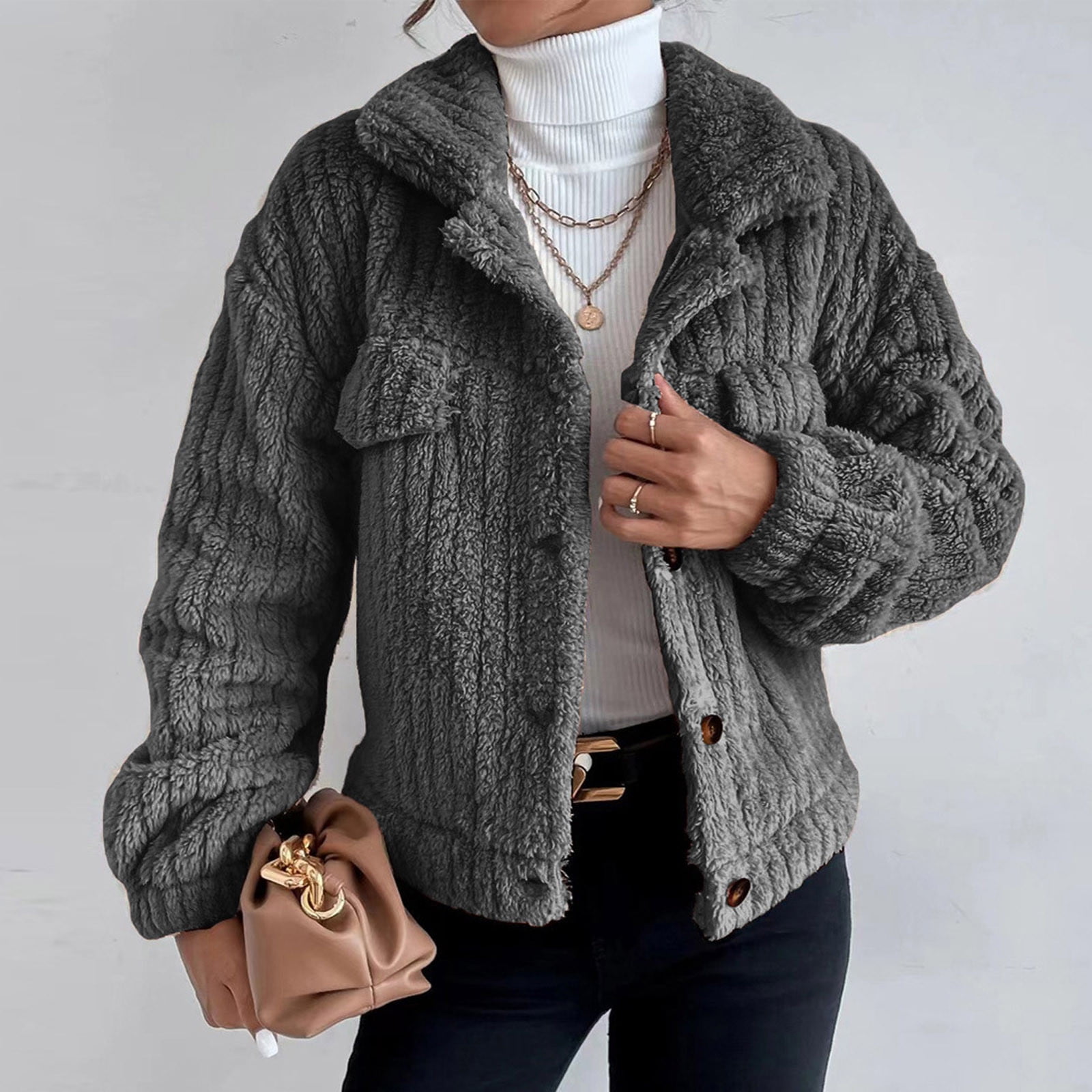 Aboser Womens Fuzzy Sherpa Jacket Coat Button Down Fleece Jackets