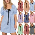 thumbnail image 1 of Aboser Womens Gingham Babydoll Dress Cute Puff Short Sleeve Dresses Trendy Tie Front Mini Dress Comfy Square Neck Dresses Summer Vacation Beach Dress, 1 of 8