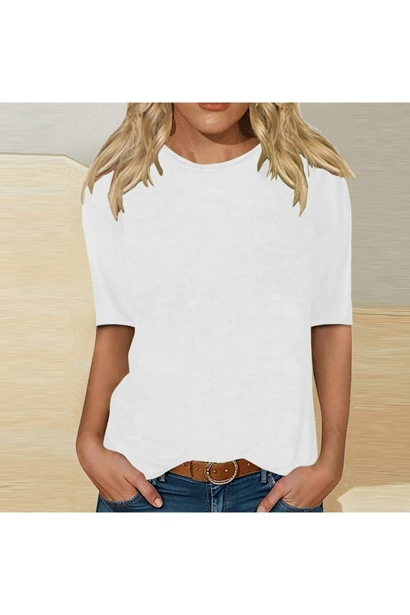 Womens Half Sleeve Tops Crew Neck Elbow Length T Shirts Classic Cotton Blend Basic Tees Loose Fit Casual Blouses Solid Color Y2k Top