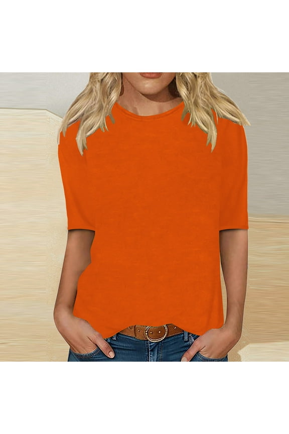 Womens Half Sleeve Tops Crew Neck Elbow Length T Shirts Classic Cotton Blend Basic Tees Loose Fit Casual Blouses Solid Color Y2k Top