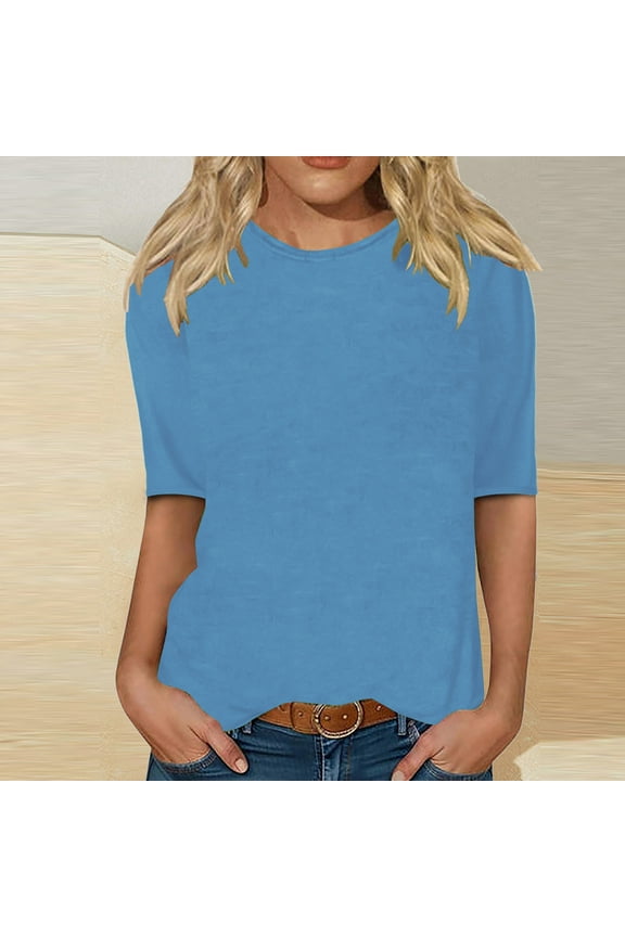 Womens Half Sleeve Tops Crew Neck Elbow Length T Shirts Classic Cotton Blend Basic Tees Loose Fit Casual Blouses Solid Color Y2k Top