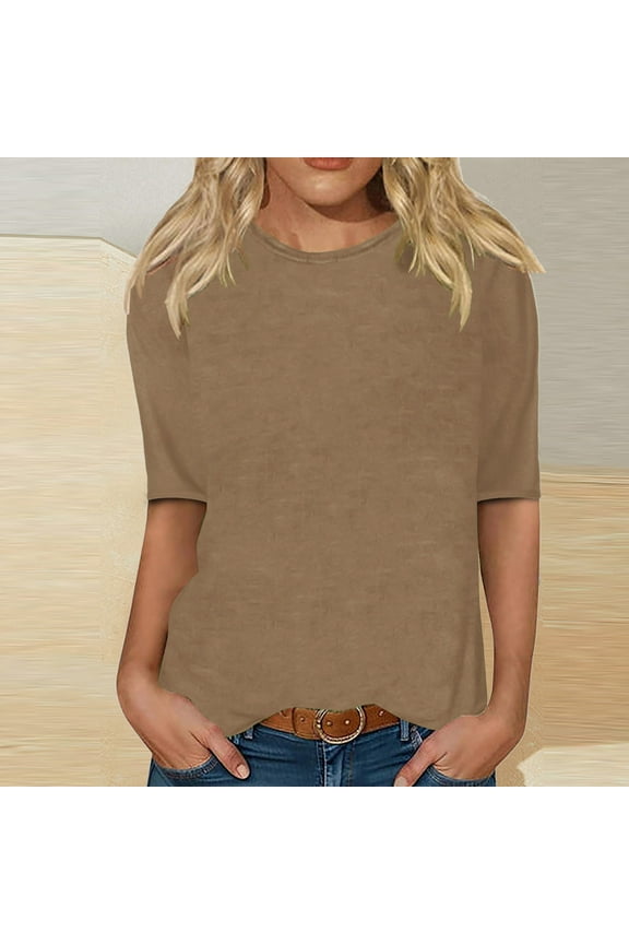Womens Half Sleeve Tops Crew Neck Elbow Length T Shirts Classic Cotton Blend Basic Tees Loose Fit Casual Blouses Solid Color Y2k Top