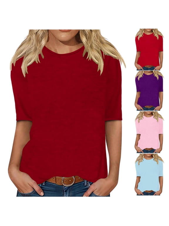 Womens Half Sleeve Tops Elbow Length T Shirt Casual Round Neck Basic Tees Fall Clothes Solid Color Y2k Top Slim Fit Soft T-Shirts for Women 2026 Pink XXL