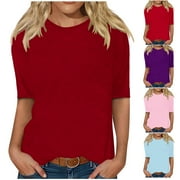 Aboser Womens Half Sleeve Tops Elbow Length T Shirt Casual Round Neck Basic Tees Fall Clothes Solid Color Y2k Top Slim Fit Soft T-Shirts for Women 2026 Red XXL