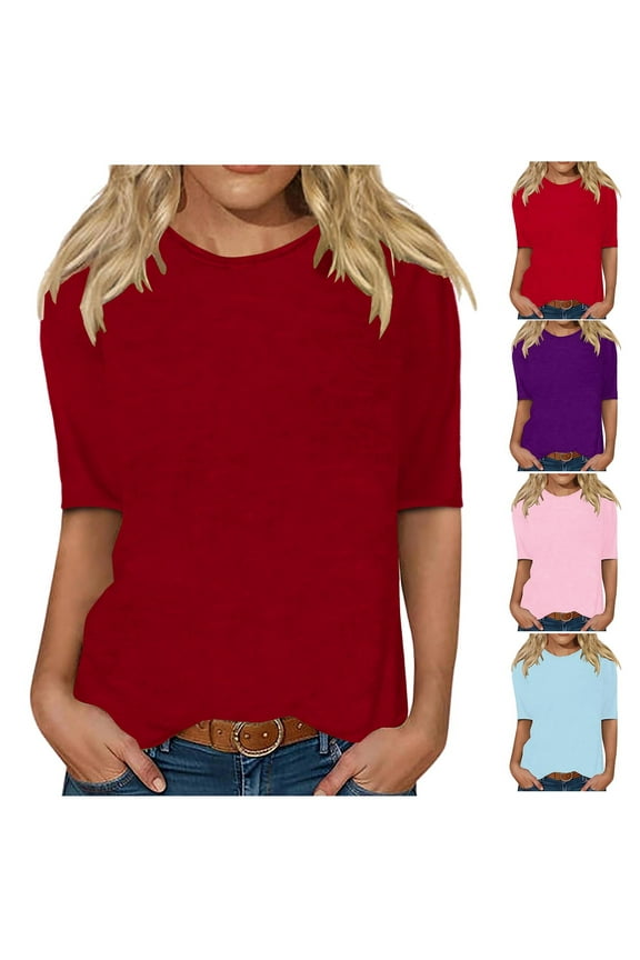 Womens Half Sleeve Tops Elbow Length T Shirt Casual Round Neck Basic Tees Fall Clothes Solid Color Y2k Top Slim Fit Soft T-Shirts for Women 2026 Red XXL