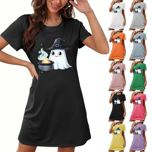 Aboser Womens Halloween Holiday Nightshirts Short Sleeve Sleepwear Dress Soft Crew Neck Short Loungewear Trendy Casual Graphic Nightgowns