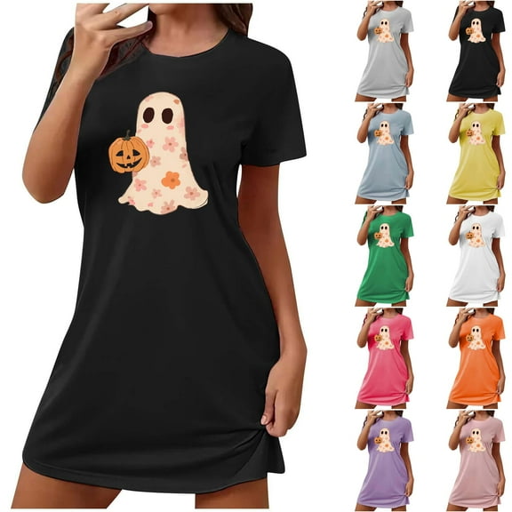 Aboser Womens Halloween Nightgown Cute Pumpkin Graphic Sleepdress Comfy Short Sleeve Loungewear Breathable Soft Crewneck Nightshirts