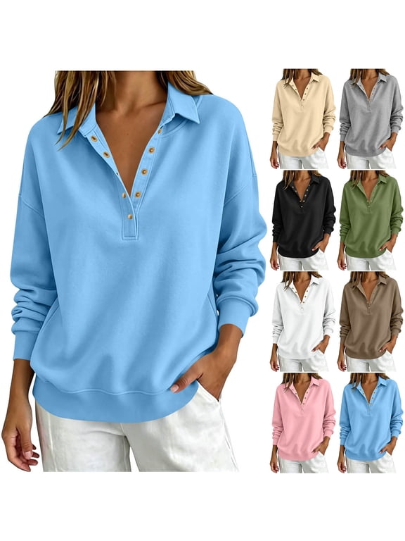 Womens Henley Neck Sweatshirt Dressy Casual Long Sleeve Pullover Tops Button Down Collared Shirts Comfy Solid Color Sweatshirts