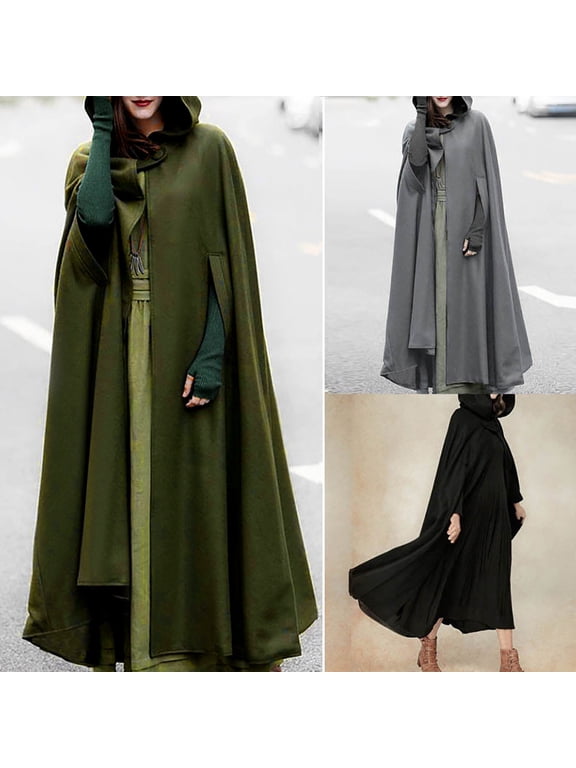 Womens Hooded Cape Cloak Renaissance Medieval Robes with Arm Holes Full Length Victorian Capelet Fall Winter Windproof Poncho