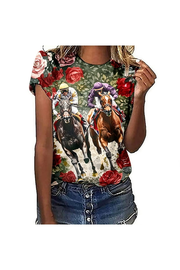Womens Horse Racing T Shirts for Summer Short Sleeve Casual Tshirts Fighting Tops Loose Fit Crewneck Pullover Tees Horse Racing Gifts