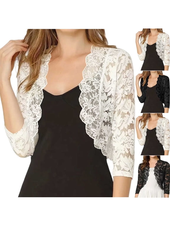 Womens Lace Cropped Cardigans Elegant 3/4 Sleeve Bolero Cardigan Casual Open Front Boleros See Through Crop Tops for Ladies