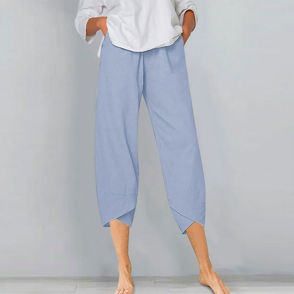 Aboser Womens Linen Pants Petite Summer Lounge Pants Comfy Cotton Linen Trousers Solid Elastic Waist Capri Pants Loose Fitting Cropped Pants with Pockets