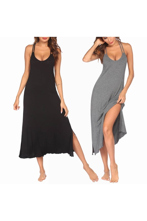 Womens Long Modal Nightgown High Side Slits Sleepwear Dress Breathable Soft Sleeveless Loungewear Halter Neck Chemise Nightshirts