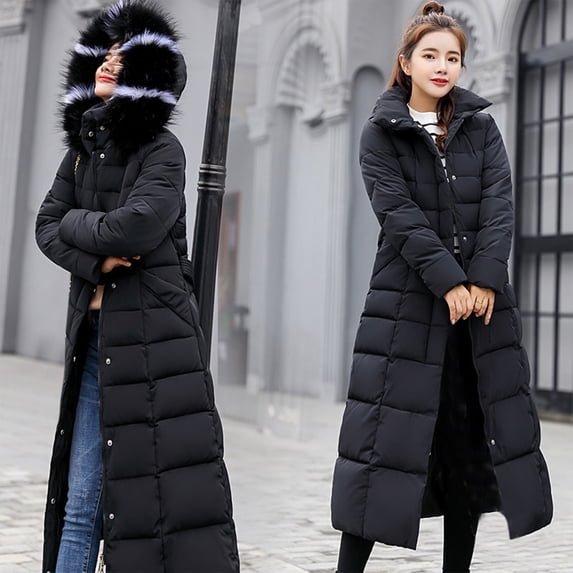 Aboser Womens Long Puffer Jacket with Faux Fur Hood Thicken Slim Fit Down Coat Winter Zip Up Quilted Jackets Warm Long Sleeve Dolman Overcoat