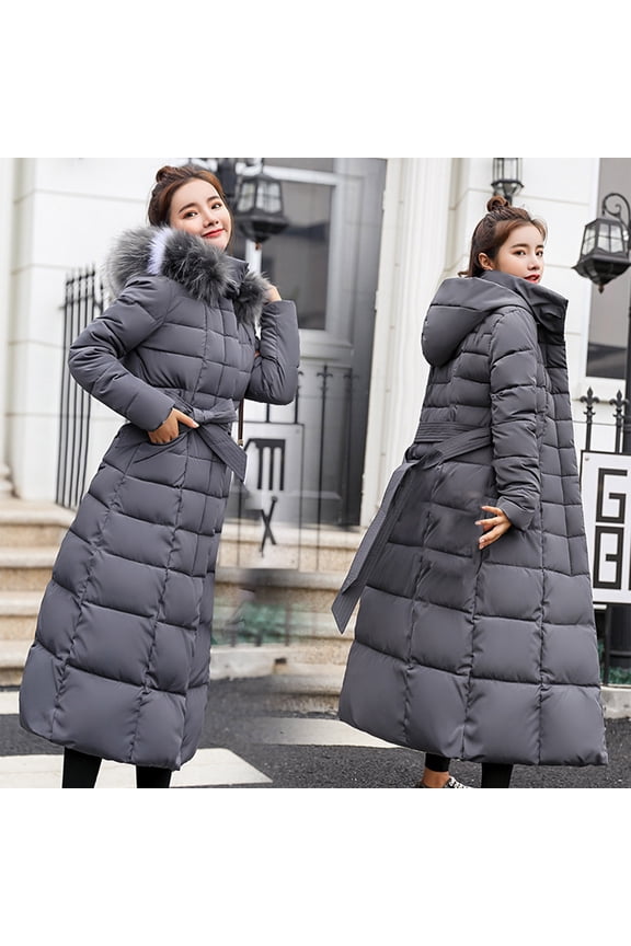 Womens Long Puffer Jacket with Faux Fur Hood Thicken Slim Fit Down Coat Winter Zip Up Quilted Jackets Warm Long Sleeve Dolman Overcoat