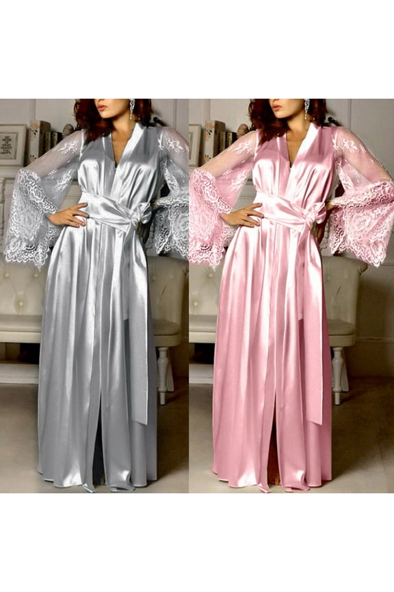 Womens Long Robes Elegant Lace Sheer Sleeve Sleepwear Loose Floor Length Bathrobes Silky Satin Nightgowns Comfy Soft Pajamas Dress Gray S