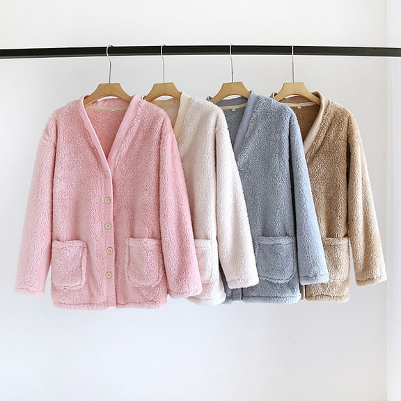 Aboser Womens Long Sleeve Fleece Pajama Tops Thermal Casual Winter Shirts Fuzzy Flannel Pjs Top Button Down Long Sleeve Sleepwear Casual V Neck Loungewear with Pockets