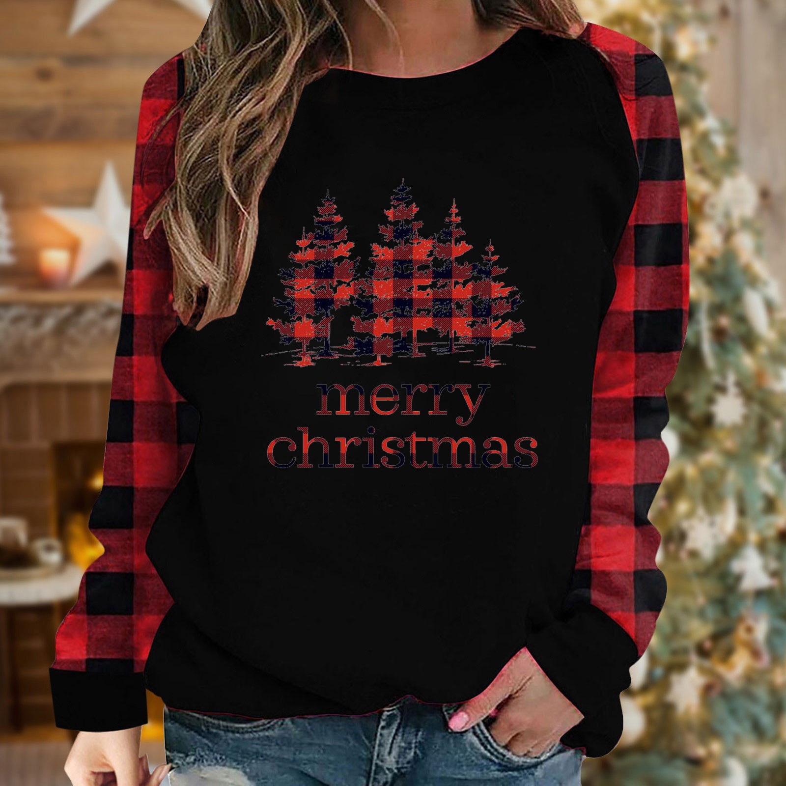 Aboser Womens Long Sleeve Shirt Tops 2024 Merry Christmas Holiday Tee Top Fashion Buffalo Plaid