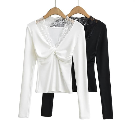 Aboser Womens Long Sleeve Shirts Y2k Tops Trendy Twist Front Basic Shirt Soft Lace Trim Blouse Slim Fitted Pullover Top Solid Color Underscrubs